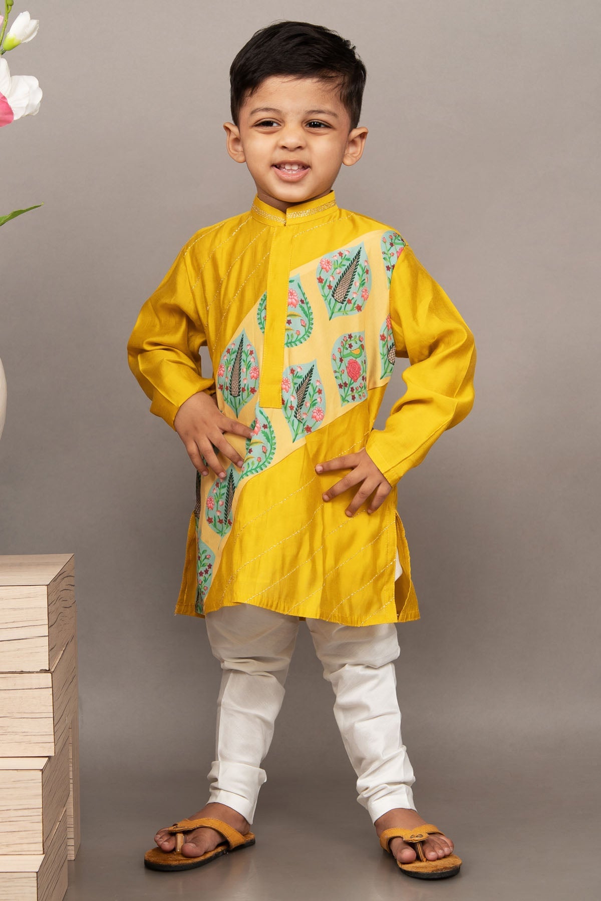 Little Brats Sunshine Style: Mustard Panel Kurta Set kidswear at scrollnshops
